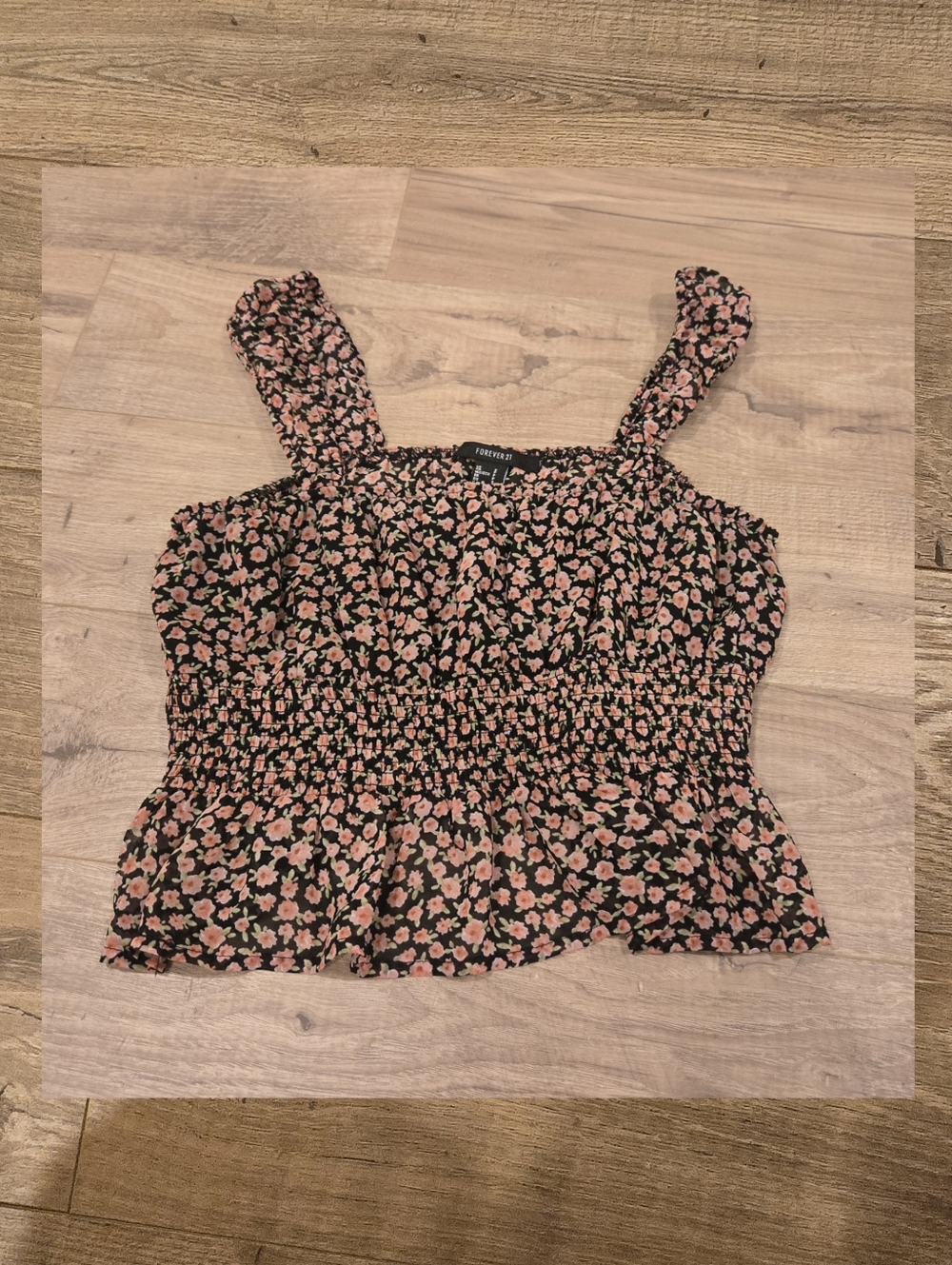 Forever 21 Ditsy Floral Smocked Peplum Tank Top - Black/Pink - Size Small - Picture 2 of 6